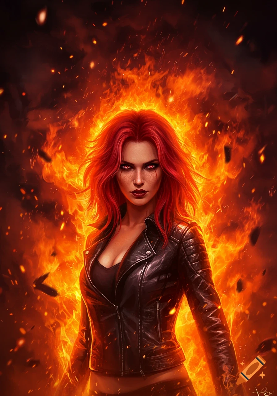 A fiery digital art portrait of a red-haired woman in a black leather jacket, surrounded by intense flames.