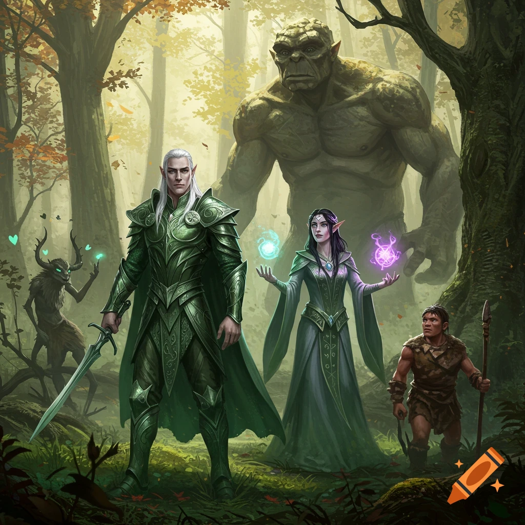 An elven warrior, elven mage, stone age human, and forest creature stand before a massive giant in a mystical forest.