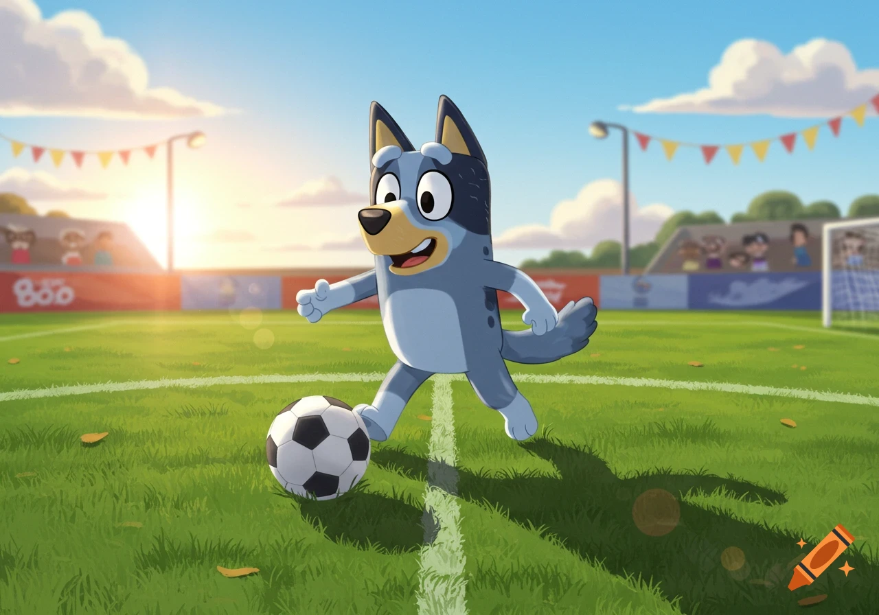 Bluey, a blue cartoon dog, plays soccer on a green field under a sunny sky in a stadium.