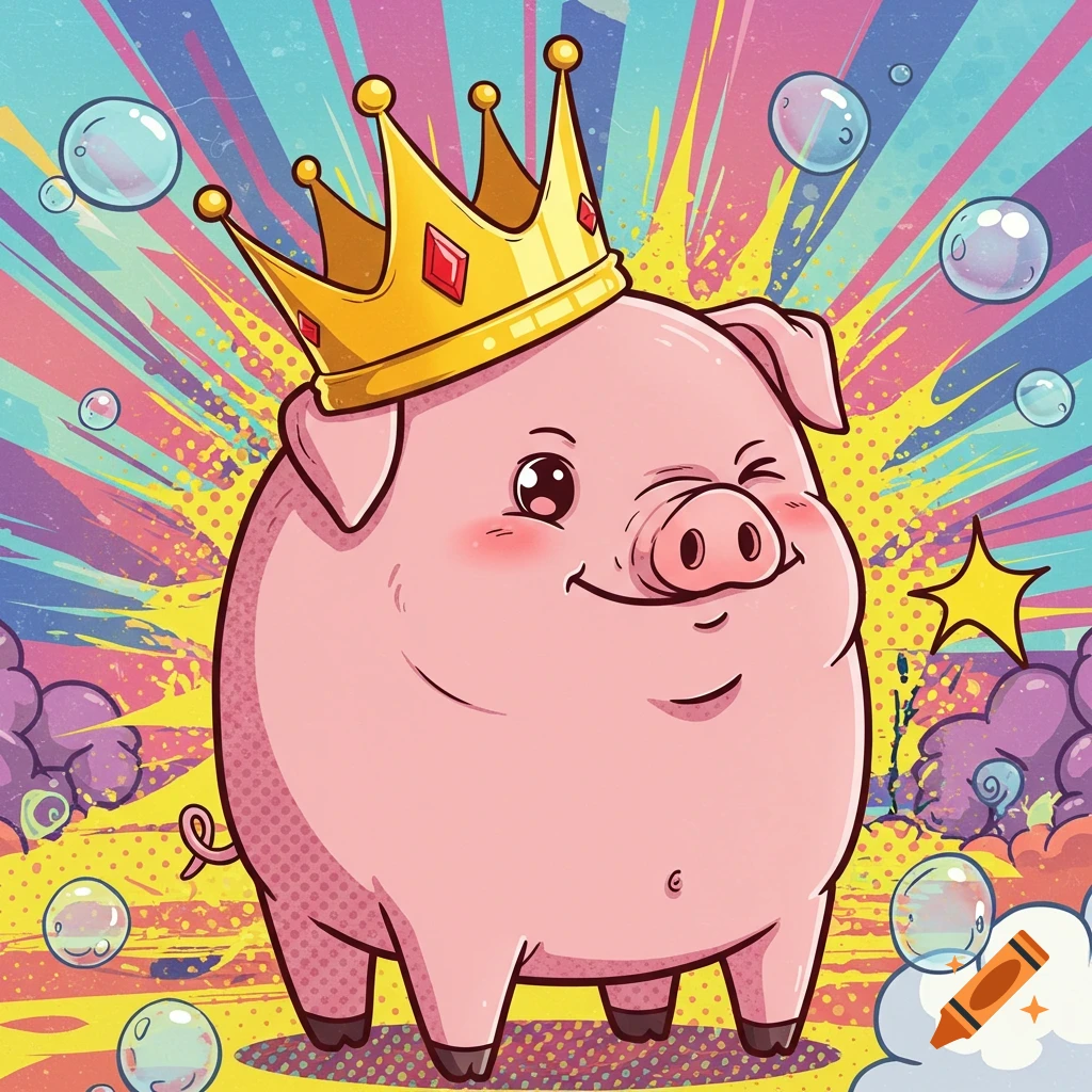 A winking pink cartoon pig with a golden crown stands against a vibrant, colorful comic book pop art background with bubbles.