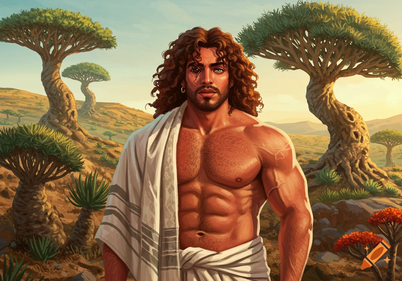 A muscular man with long curly hair and a ruddy complexion, wearing a white shawl, stands in a desert landscape with unique trees.