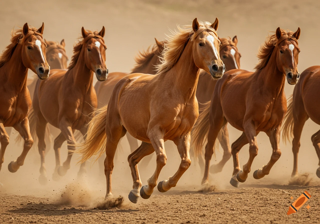 Photorealistic image of a herd of brown horses galloping through a dusty, arid landscape, kicking up dirt.