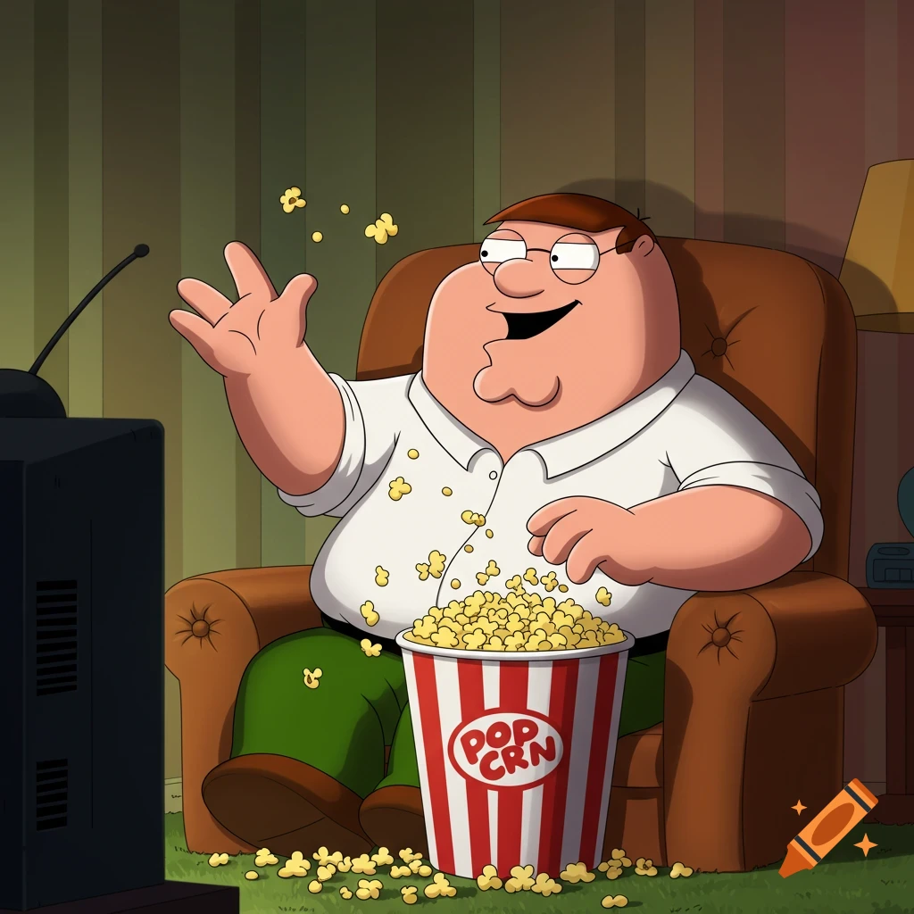 Cartoon Peter Griffin sits in an armchair, watching TV, with popcorn spilling from a bucket onto his shirt and the floor.