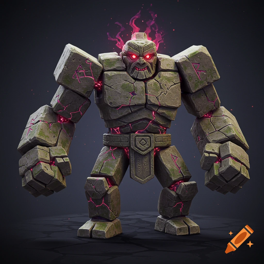 A fierce, hulking stone golem with glowing red eyes and pink energy seeping from cracks, standing on a dark background.