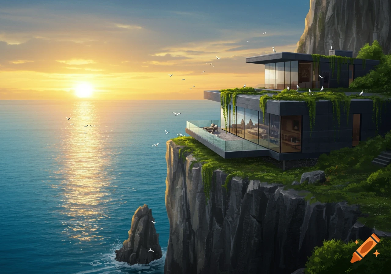 A modern house with large windows on a cliff overlooking the ocean at sunset, with seagulls flying.