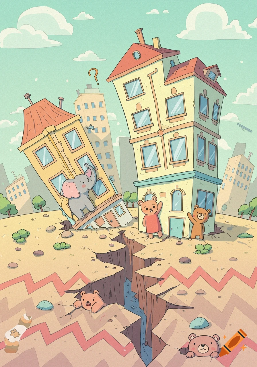 A whimsical cartoon shows an earthquake splitting the ground, causing two buildings to lean precariously. Cute bears and an elephant look surprised.