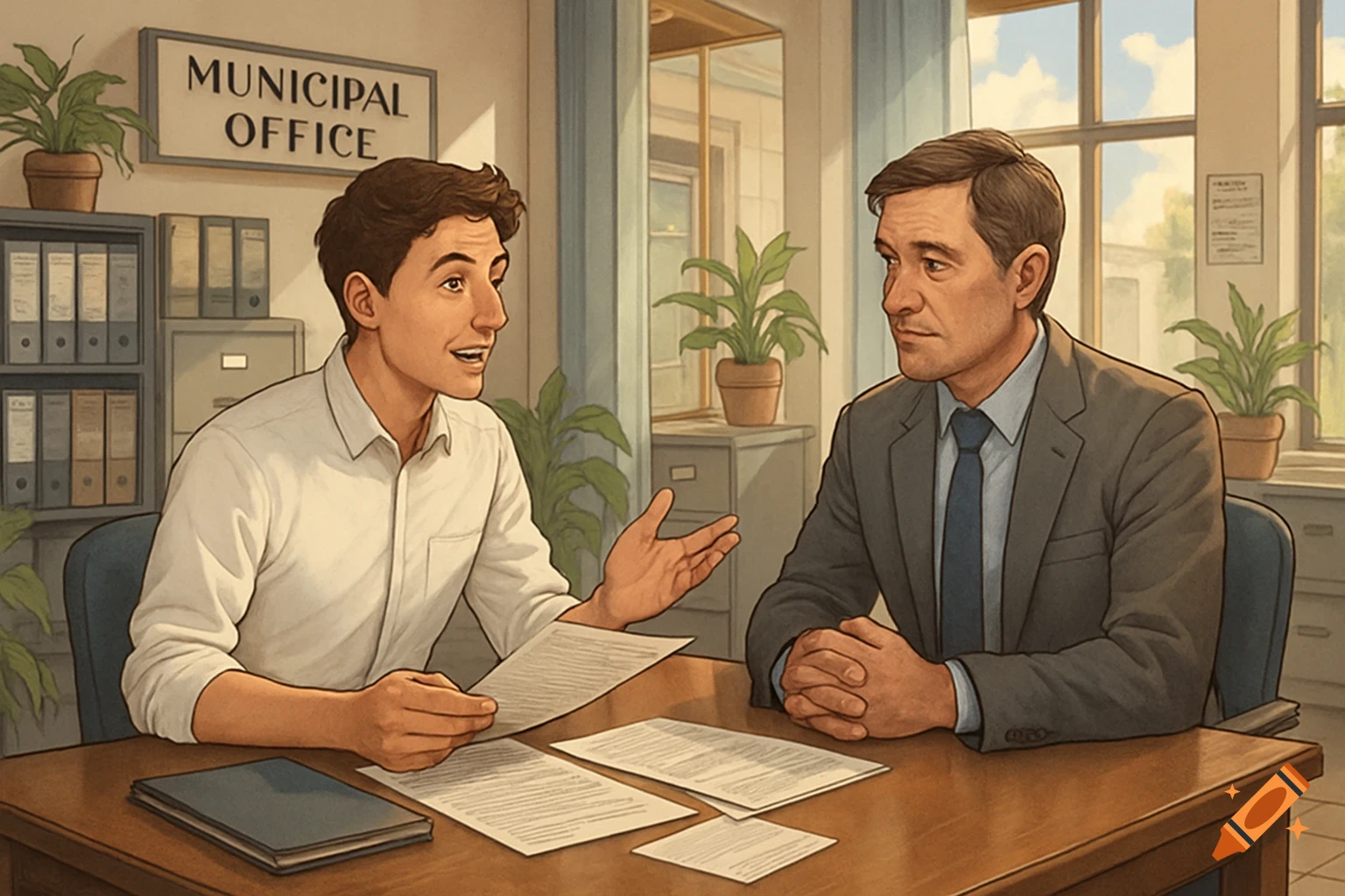 Two men in an office with a sign reading "MUNICIPAL OFFICE", discussing documents, one gesturing while the other listens.