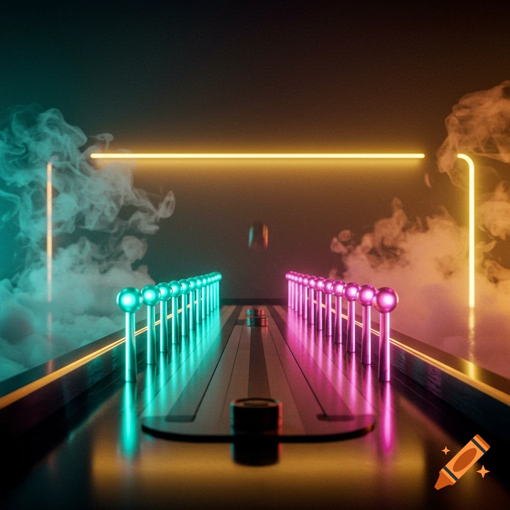 A futuristic game board with glowing teal and pink pins, neon lights, and smoke on a dark background.