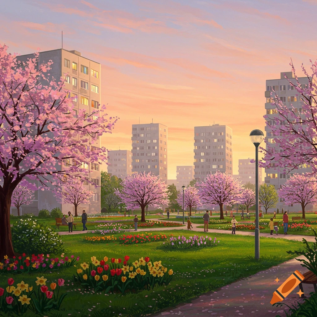 A spring park scene with cherry blossoms, colorful flowers, and people enjoying an evening near apartment buildings under a pink sky.