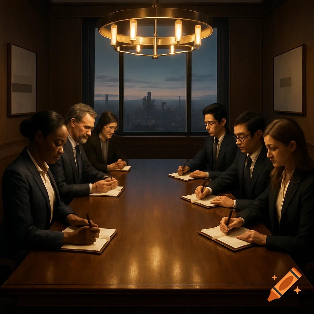 A diverse group of professionals writing in notebooks around a large wooden table in a corporate meeting room with a city skyline view at dusk.