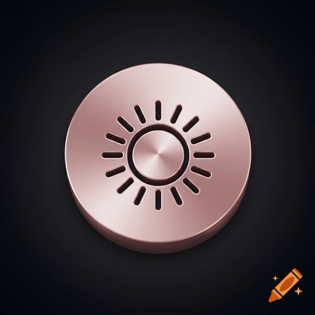 A shiny rose gold metallic icon depicting a stylized sun with rays, set against a dark, subtle gradient background.