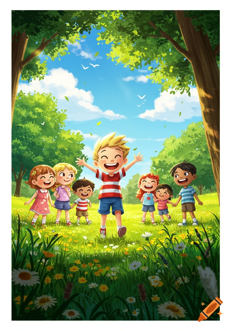 Vibrant illustration of six joyful children playing in a sunny green field under tall trees.