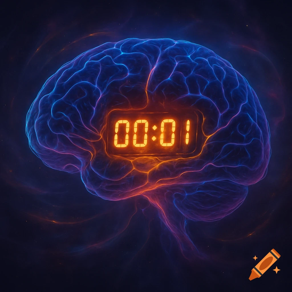 A glowing blue and purple stylized brain with an orange digital countdown clock displaying "00:01" embedded in it.