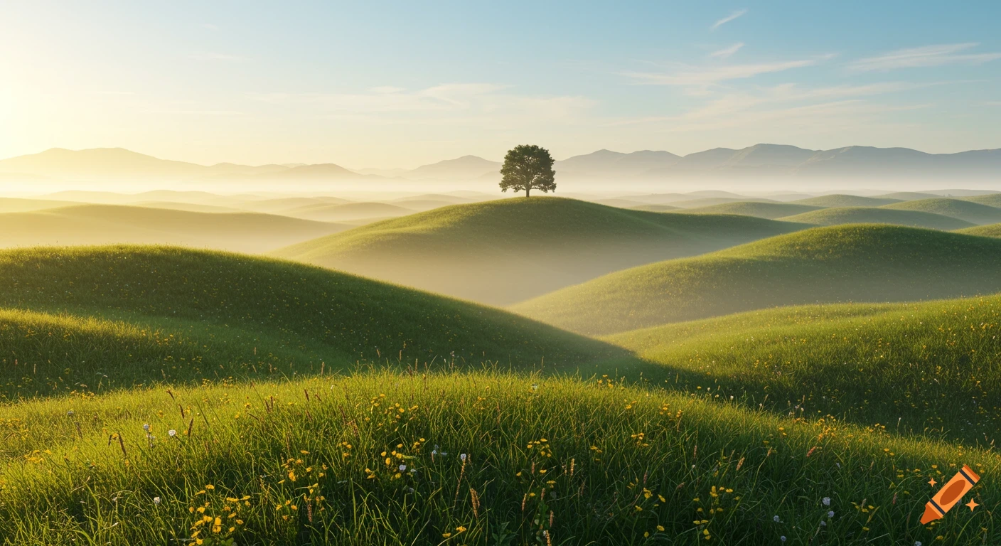 Rolling green hills covered in grass and wildflowers under a misty, golden sky, with a single tree on a distant hilltop.