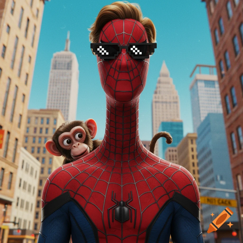 A cartoon Spider-Man with a long neck wears pixelated sunglasses as a monkey peeks from behind his shoulder in a silly city.