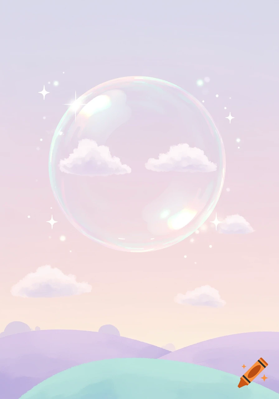 A cartoon landscape with pastel purple and green hills under a pink and lavender sky, featuring a large iridescent soap bubble reflecting small clouds and sparkling stars.