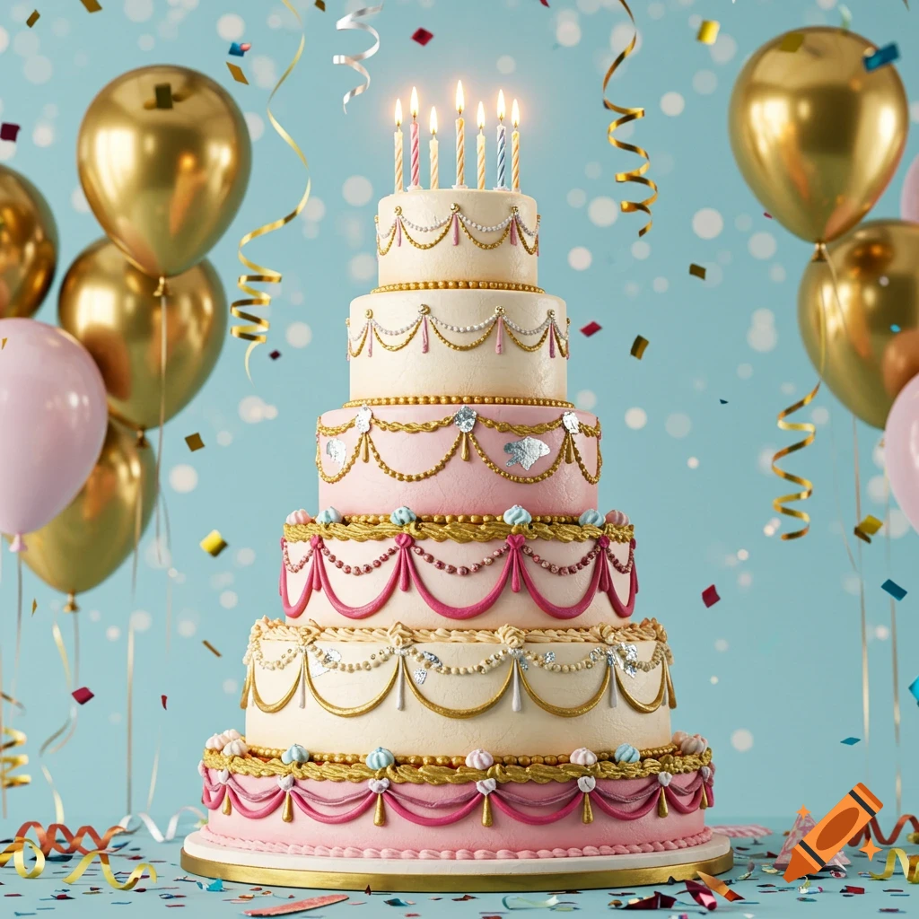 A multi-tiered birthday cake with gold and pink frosting, candles, surrounded by gold and pink balloons, confetti, and streamers on a light blue background.