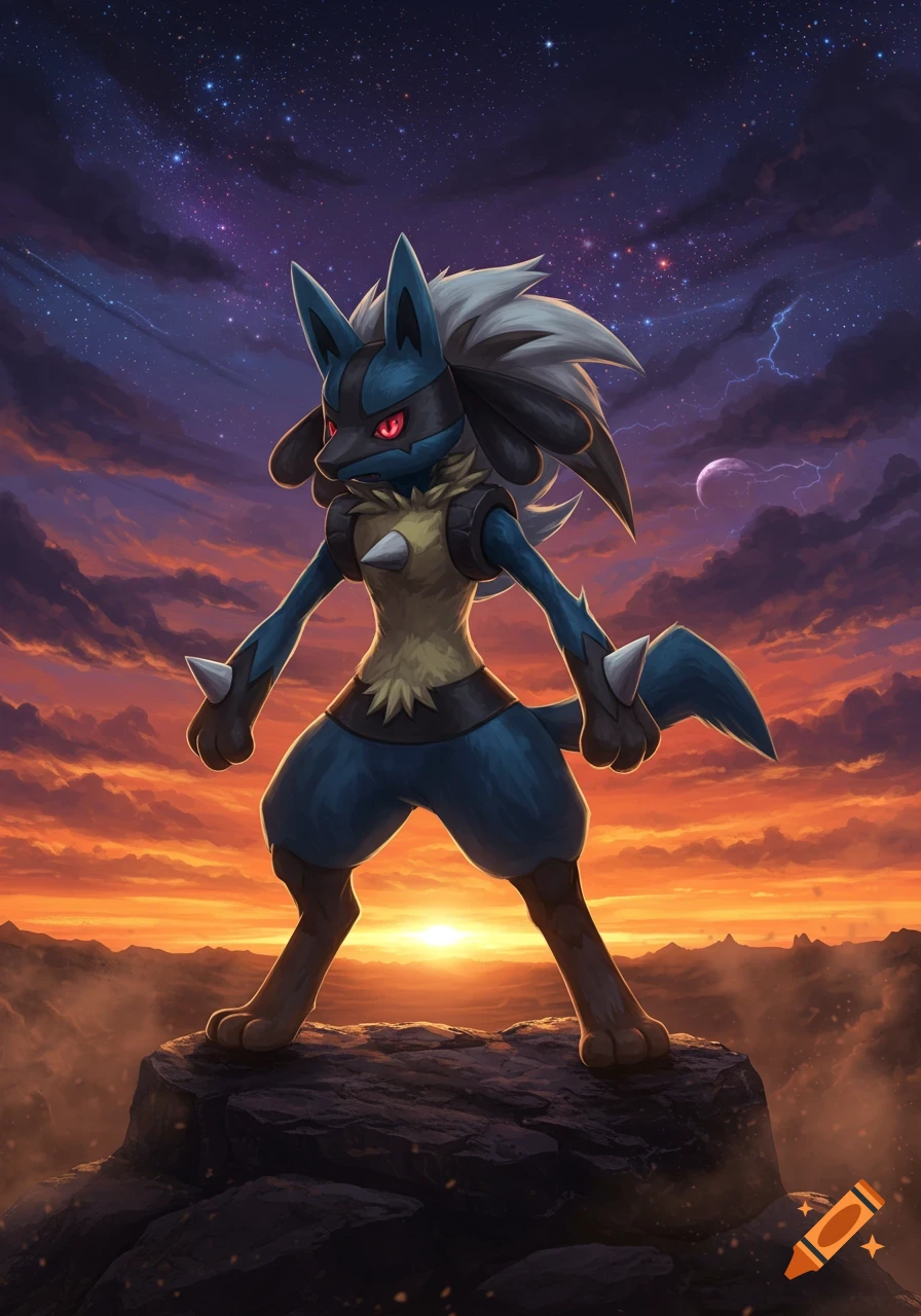Lucario stands majestically on a rocky peak, silhouetted against a vibrant sunset sky that blends into a starry night with a distant moon.