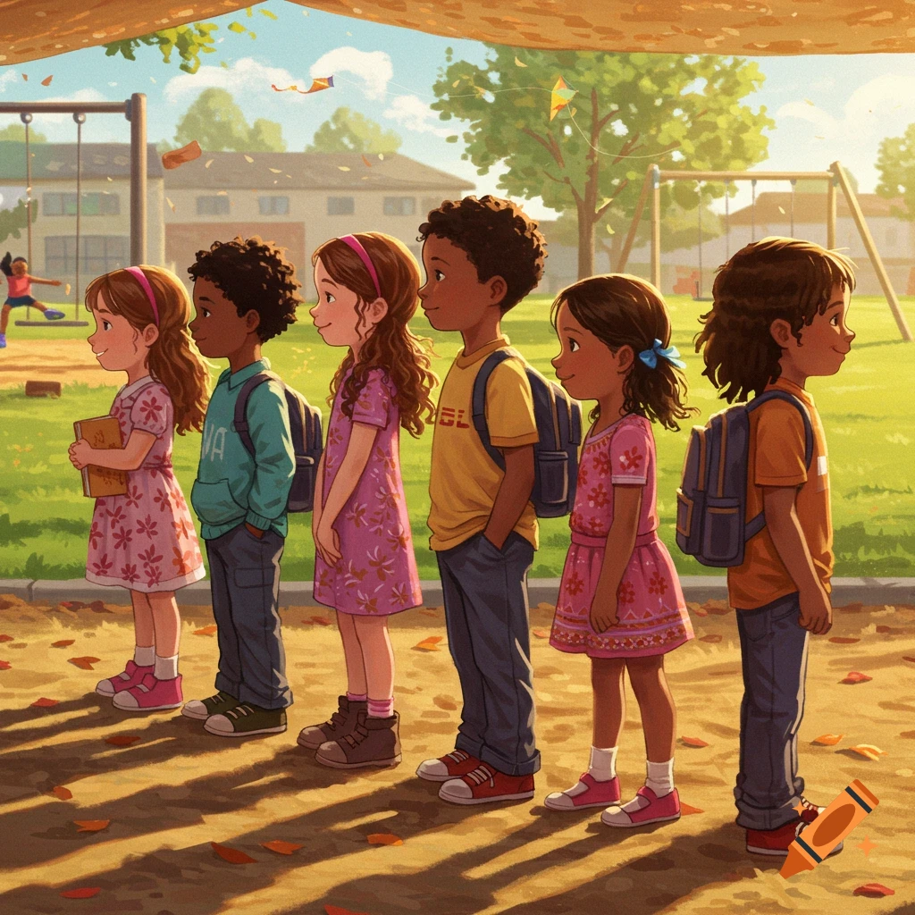 Diverse elementary school children in a line with backpacks on a sunny playground, illustration.