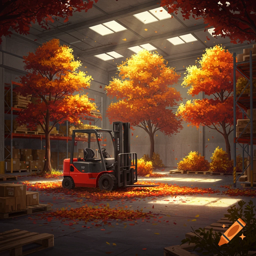 A red forklift stands in a warehouse filled with vibrant autumn trees and fallen leaves, illuminated by sunlight.