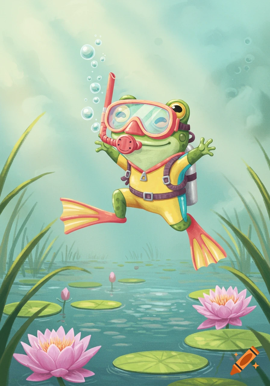A cute cartoon frog in yellow scuba gear, mask, and flippers jumps joyfully in a pond with pink water lilies.