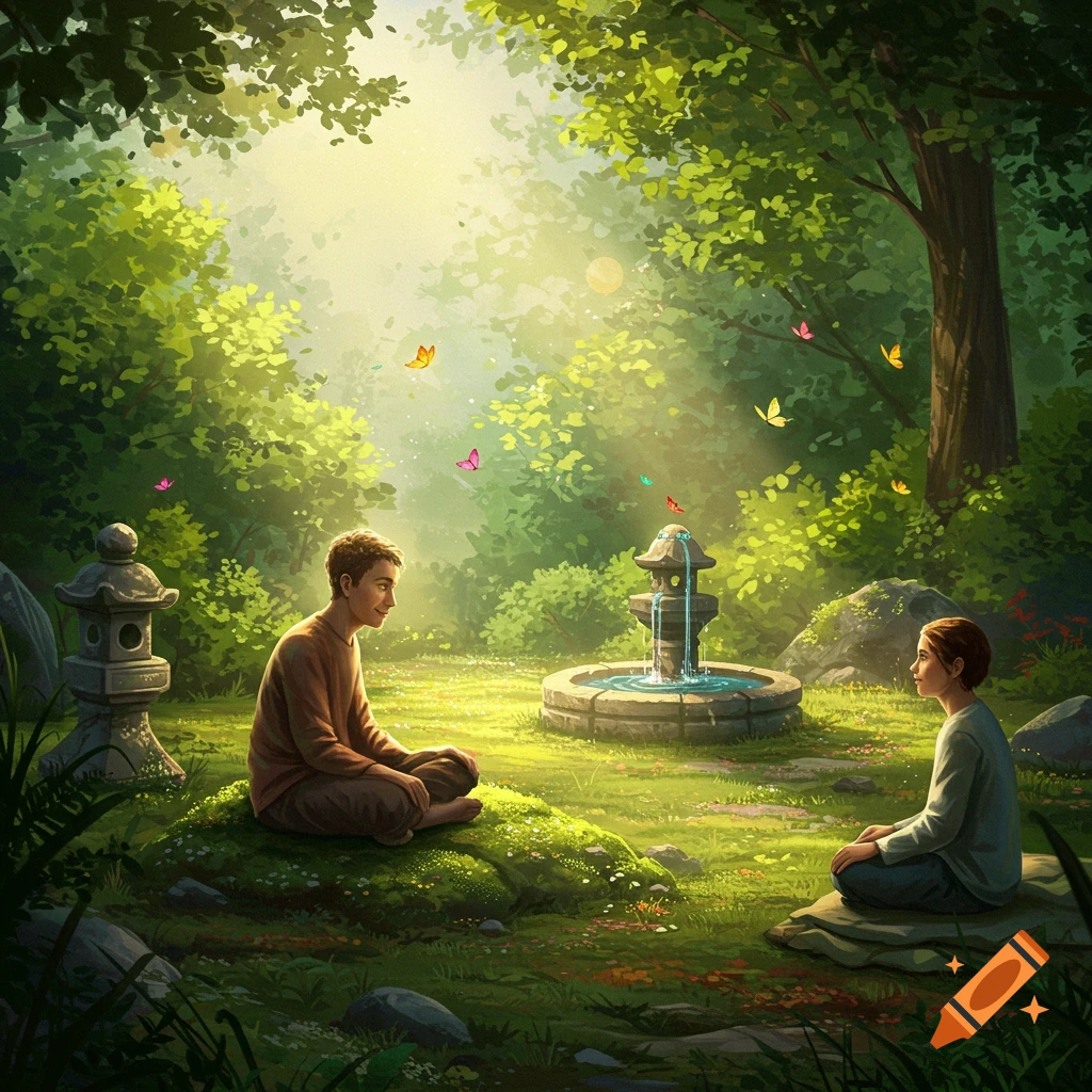 Two people meditate in a lush, sunlit green garden with a stone fountain, depicted in a digital painting style.