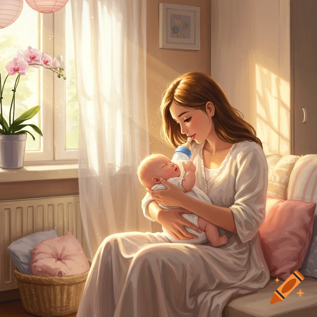 An illustration of a mother gently feeding her baby a bottle of milk in a sunlit room.