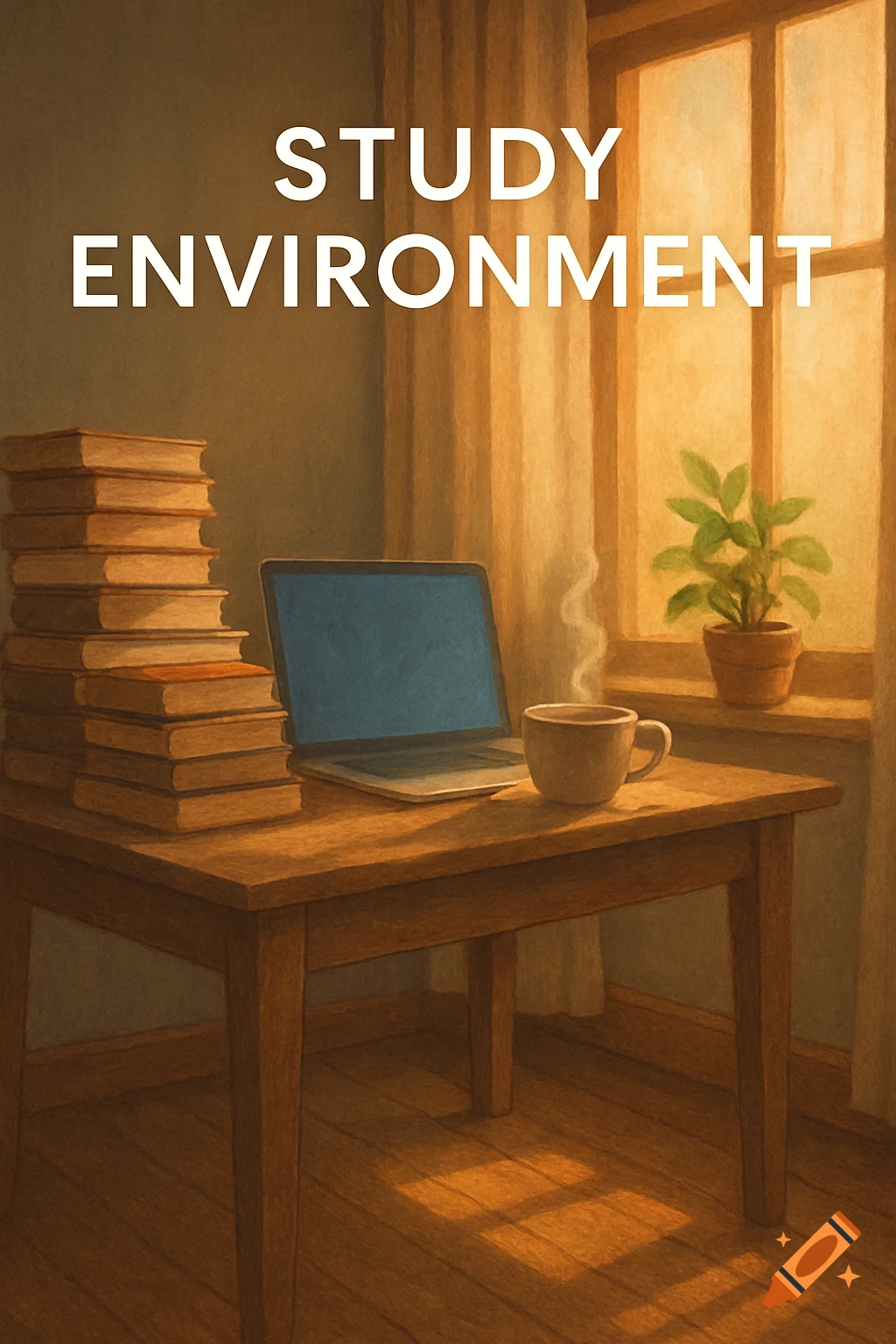 A painterly image of a cozy study environment with a desk, stacked books, a laptop, and a steaming mug, bathed in warm window light. Text reads 'STUDY ENVIRONMENT'.