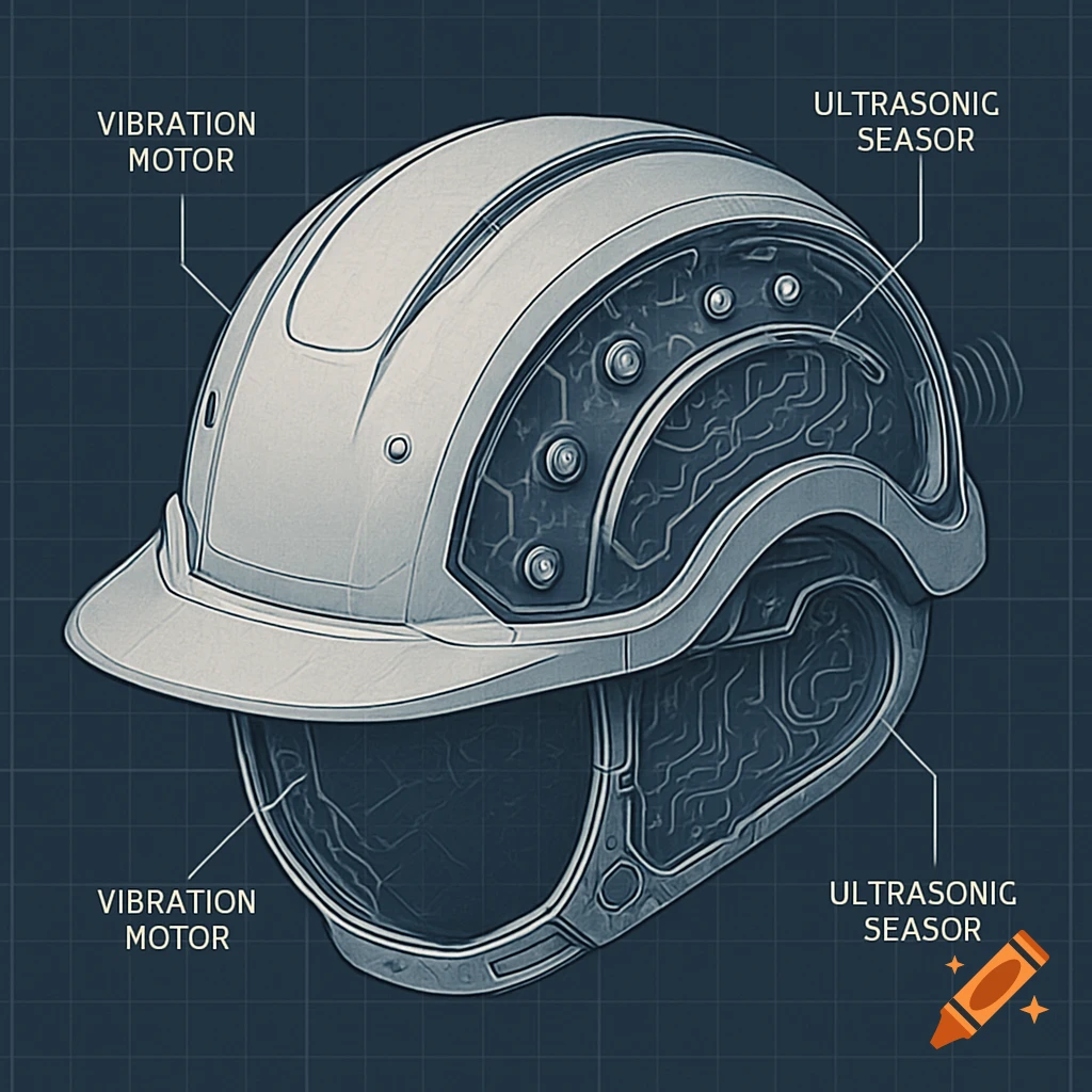 Schematic diagram of a futuristic safety helmet with internal vibration motors and ultrasonic sensors.