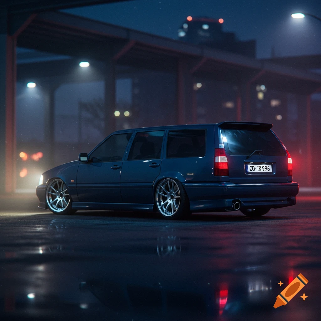 A dark blue Volvo V70N wagon with custom rims, lowered, parked on a wet surface at night under streetlights.