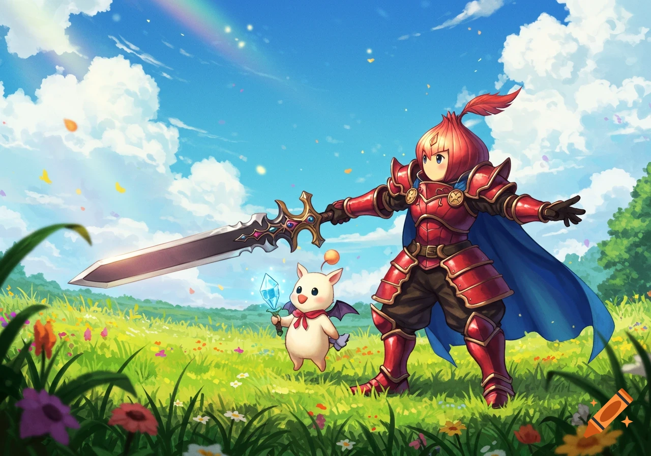 An Onion Knight in red armor with a sword and a Moogle with a blue crystal stand in a vibrant green meadow under a rainbow sky.