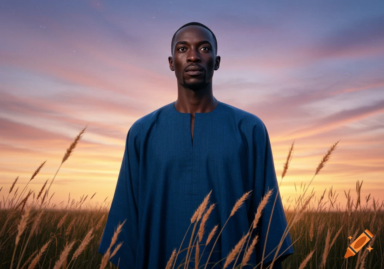 A man in a blue tunic stands in a golden wheat field under a vibrant sunset sky.