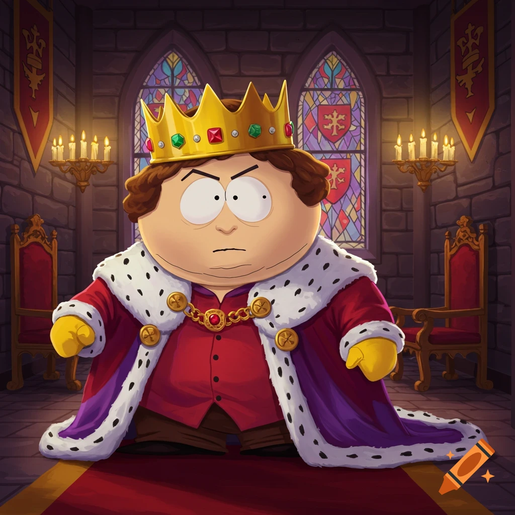 Eric Cartman as a king, wearing a red and purple royal robe and a gold crown, stands in a castle throne room.