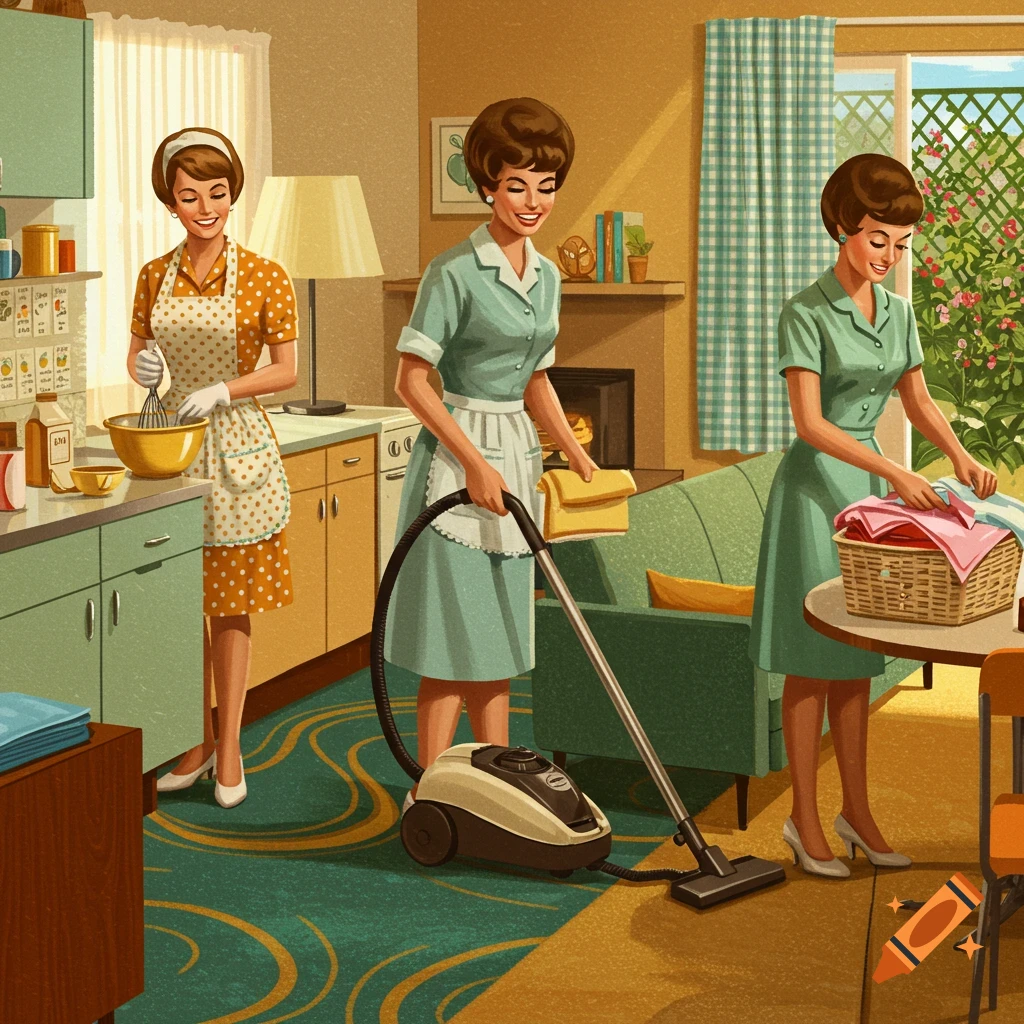 A retro illustration of three 1960s housewives: one baking, one vacuuming, and one folding laundry.