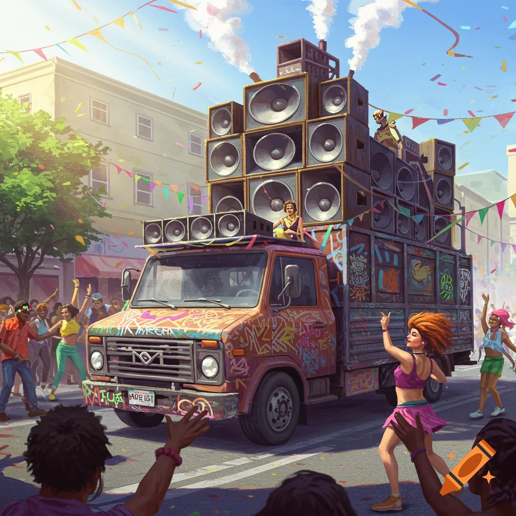 A colorful street parade with people dancing around a graffiti-covered truck piled high with large speakers, under a bright sky with confetti.