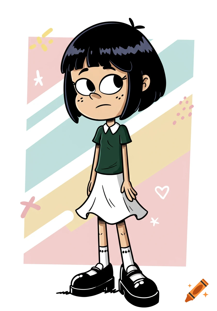 Cartoon of a young girl with black bob hair, green shirt, white skirt, white socks, and black Mary Jane shoes against a pastel striped background.