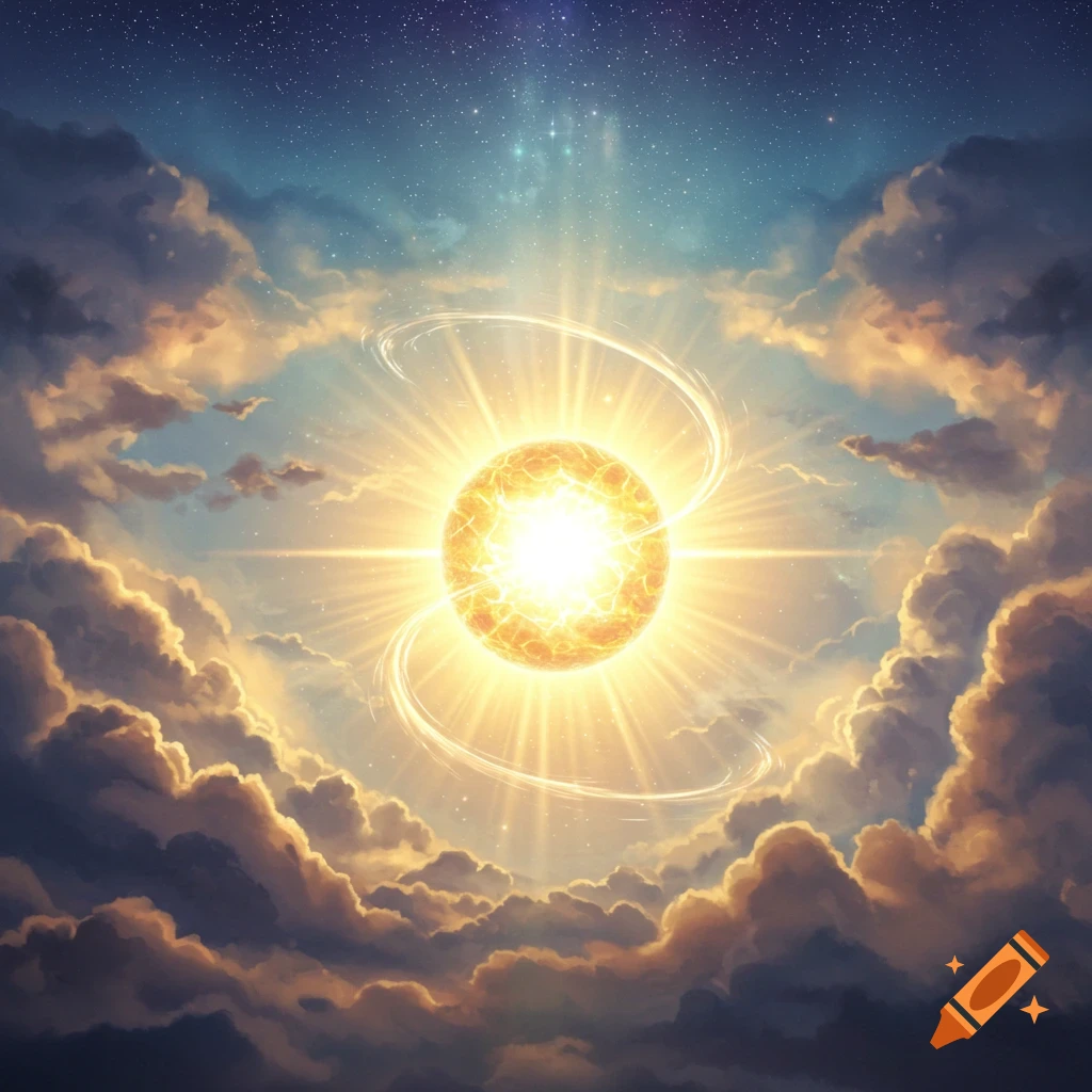 A brilliant golden orb, resembling a star or sun, radiates light among dramatic clouds and a starry night sky.