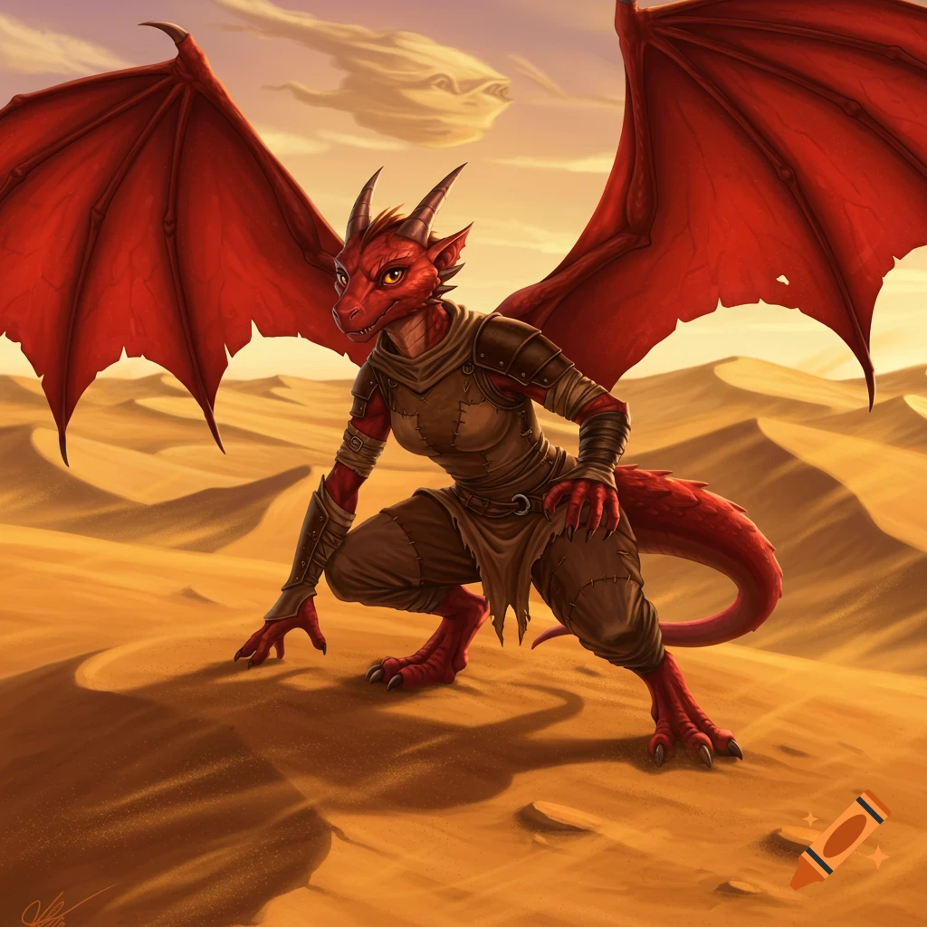 A red winged kobold rogue in brown armor crouches in a vast, sandy desert at sunset.