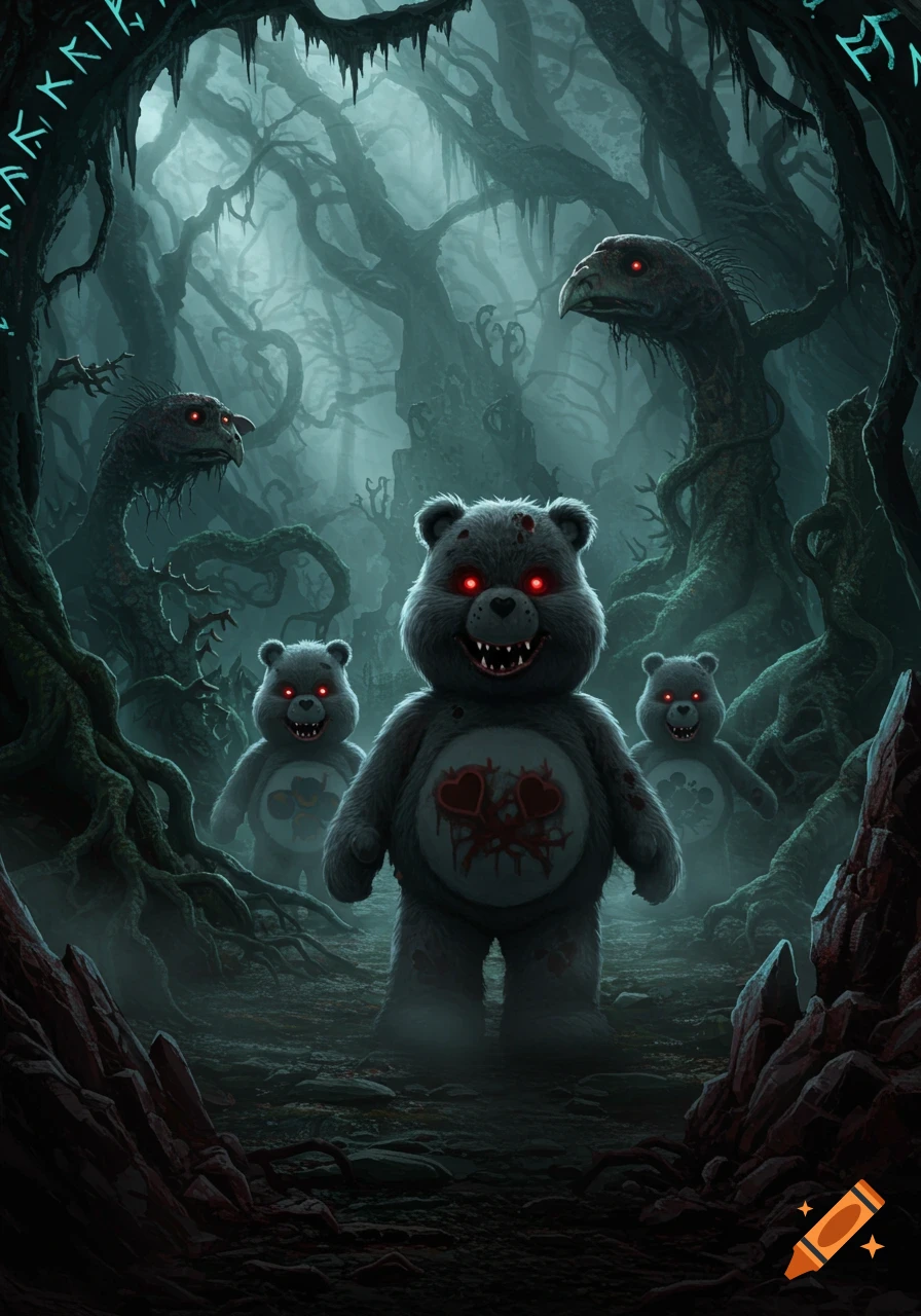 Three zombified Care Bears with glowing red eyes and sharp teeth stand in a dark, misty, gnarled forest. The main bear has a bloody, torn heart symbol on its chest, with two others partially visible in the background, all rendered in a dark fantasy style reminiscent of a horror movie poster.