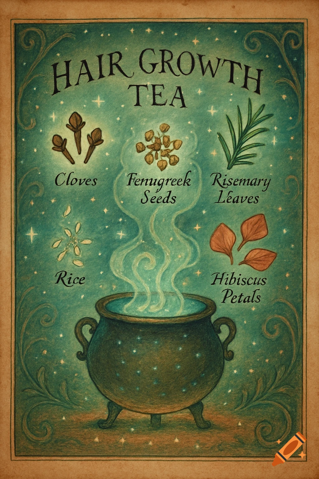 A whimsical illustration resembling a magical grimoire page, showing a steaming cauldron and floating ingredients for hair growth tea: cloves, fenugreek seeds, rosemary leaves, rice, and hibiscus petals, set against a sparkling teal background with a brown border.