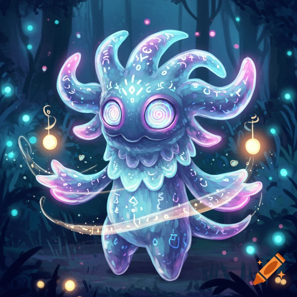 A glowing, translucent blue and pink monster with spiraling eyes and tentacles covered in illegible symbols, stands in a dark forest with sparkling lights, in a digital art style.