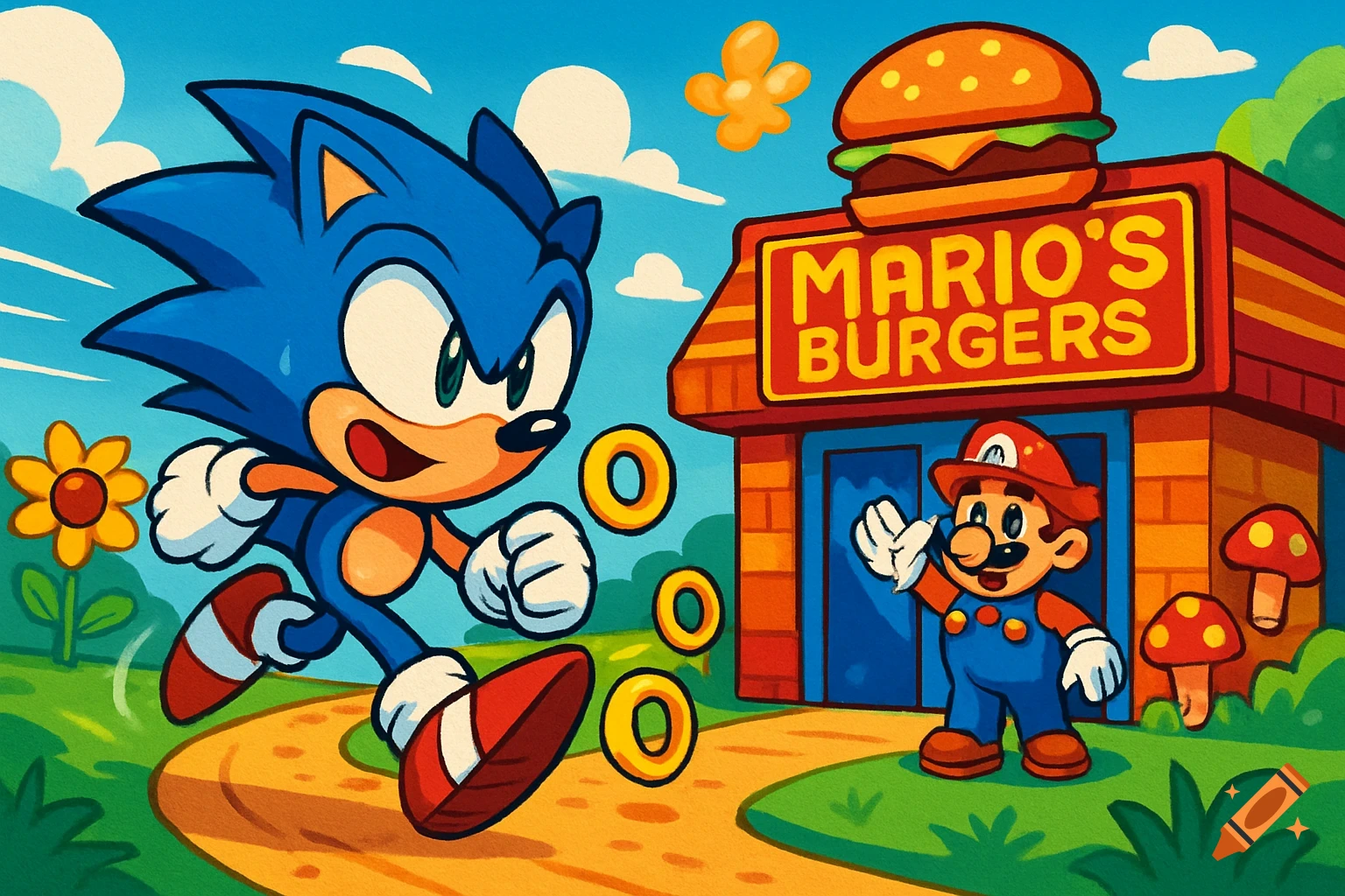 Sonic the Hedgehog runs past Mario waving in front of a colorful 'Mario's Burgers' restaurant.