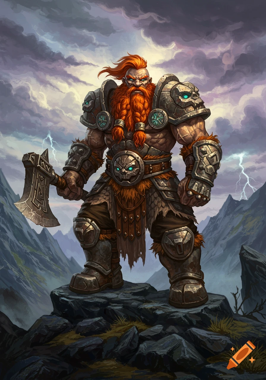 Red-bearded dwarf barbarian in armor with an axe on a stormy mountain peak, digital fantasy art.