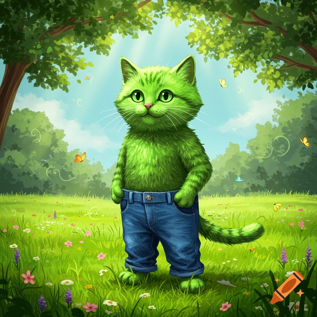 A vibrant green, furry cat stands upright in blue jeans in a sunny, flower-filled grassy field with trees.
