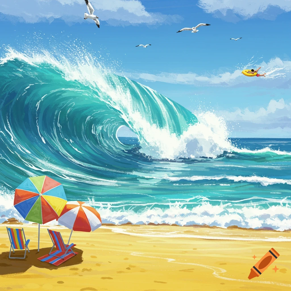 Vibrant illustration of a beach with a huge turquoise wave, colorful umbrellas, and a person on a yellow tube under a blue sky.