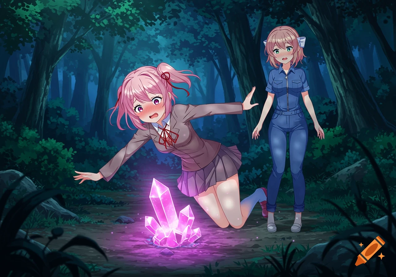 Pink-haired anime girl Natsuki trips over a glowing crystal in a forest, while brown-haired Sayori watches.