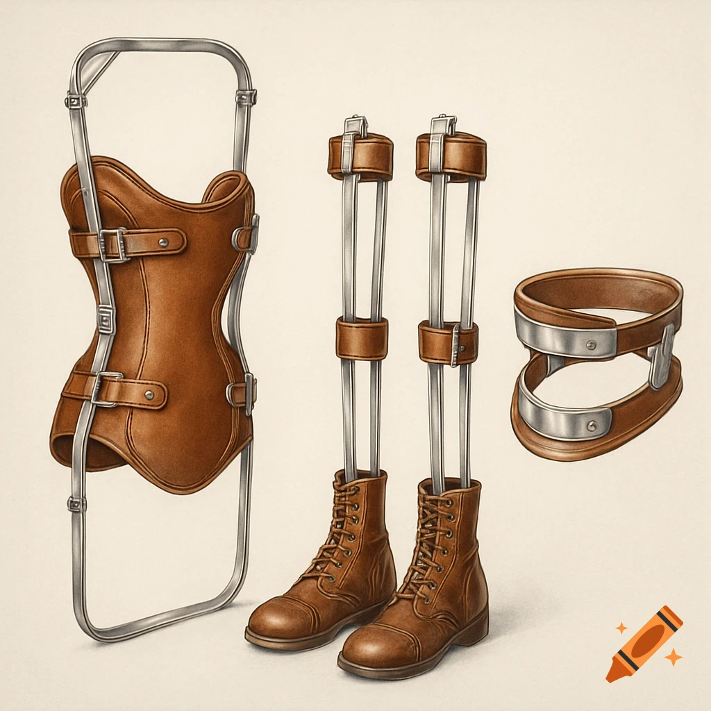Realistic medical illustration of a brown leather scoliosis corset, leg braces with boots, and a neck brace on a light background.