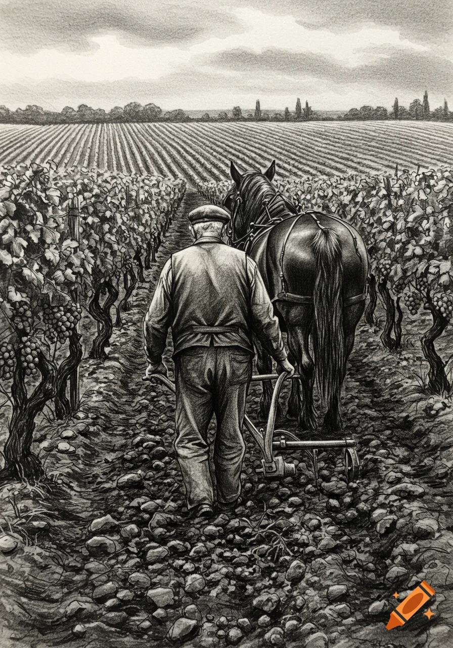 A charcoal pencil drawing of an old farmer with a horse and plow walking down a rocky path through a vineyard.