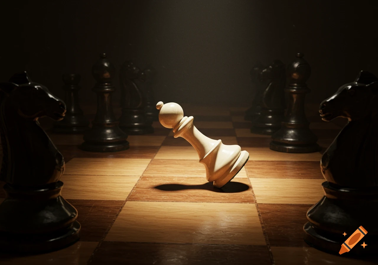A white chess bishop leans precariously on a wooden chessboard, spotlit amidst shadowy black pieces in a dramatic, photorealistic style.