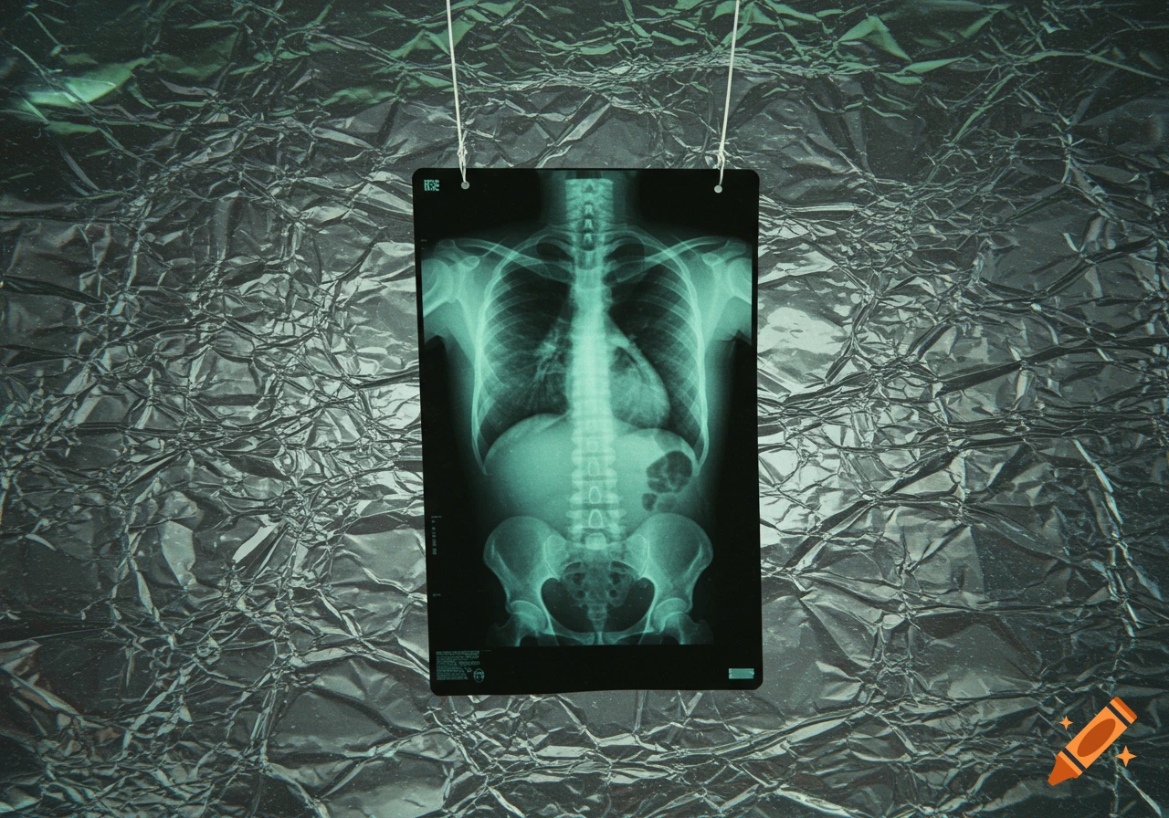 A teal-toned X-ray of a human torso, showing bones and internal organs, suspended by two ropes against a crinkled silver aluminum foil background.